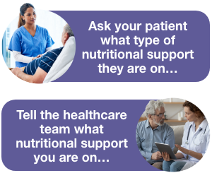 Image of HCP talking to patient with speech bubble that says "Ask your patient what type of nutritional support they are on" and an image of a patient talking to an HCP with a speech bubble that says "Tell the healthcare team what nutritional support you are on".