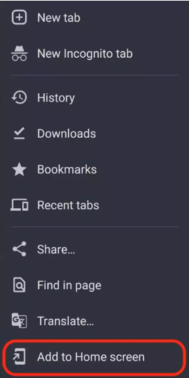 Image of icon for Add to Home Screen in scroll down menu